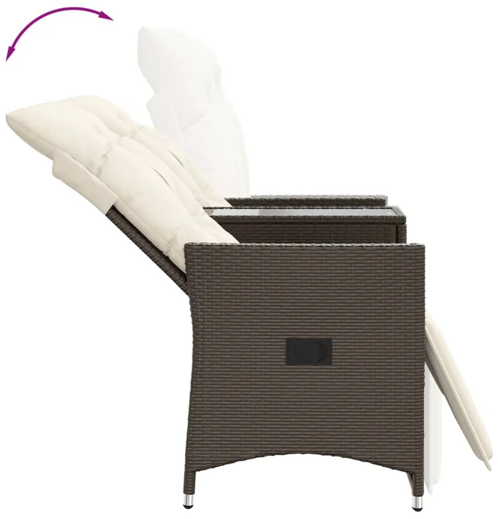 Sofá de jardim reclinável 2 lugares com mesa vime PE castanho