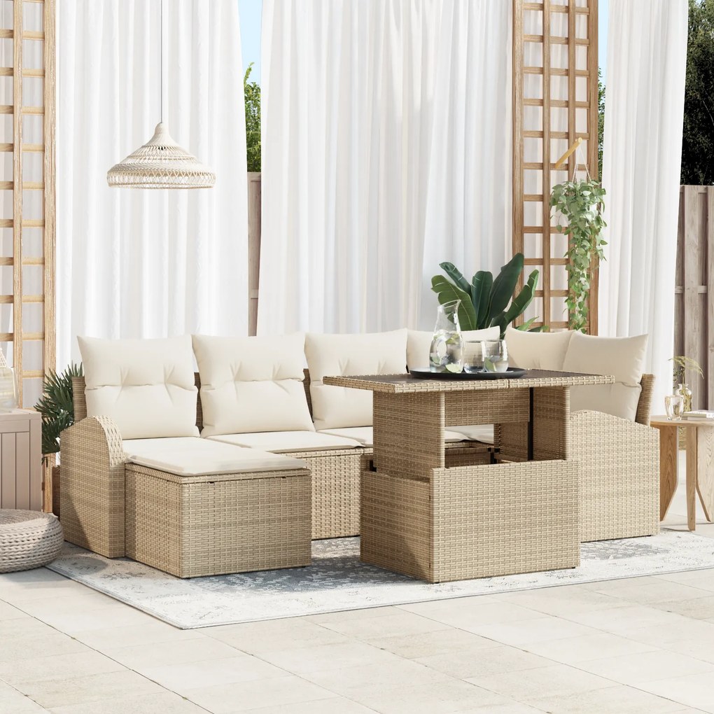 Conjunto de Sofá de Jardim com 7 Peças e Almofadas Bege de Rattan Poly