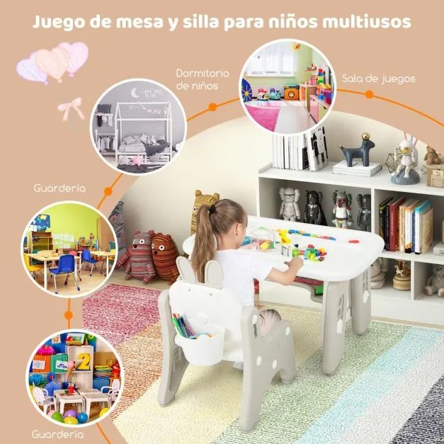 Conjunto de mesa e cadeira para arte infantil com prateleira giratória Quadro branco magnético apagável e 3 quadros de desenho ajustáveis em altura Ci