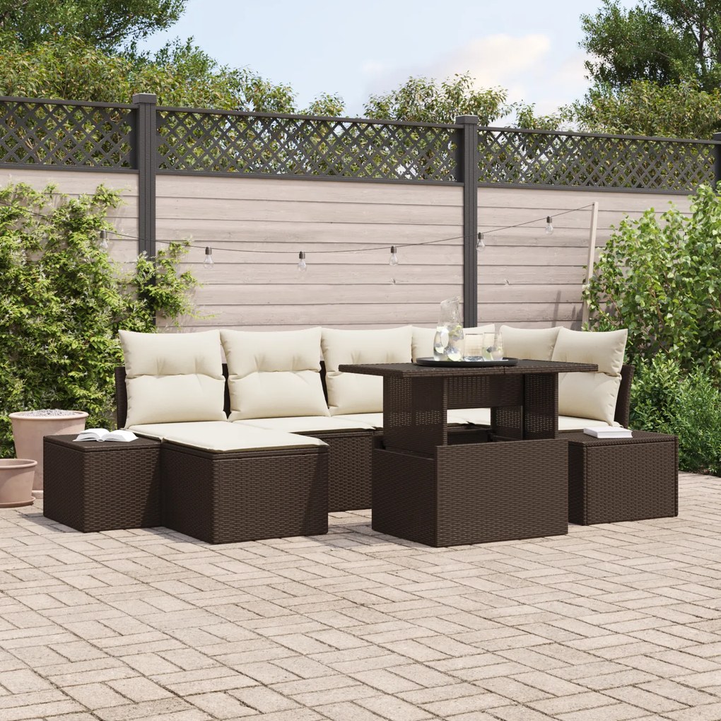 Conjunto de Sofá de Jardim 7 Peças com Almofadas Castanho em Rattan Po