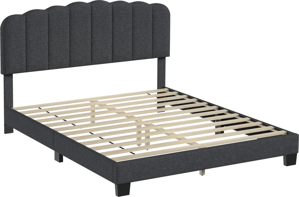 Cama de Casal Estofada 160x200 cm (COLCHÃO NÃO INCLUIDO) com Cabeceira Ajustável Acolchoada Ripas de Madeira Cinzento-Antracite