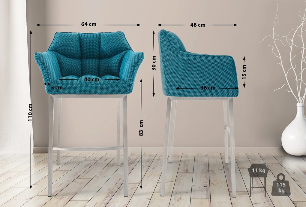 Banco de bar Damaso em tecido e com estrutura prateada 64 x 110 x 48 cm Azul turquesa