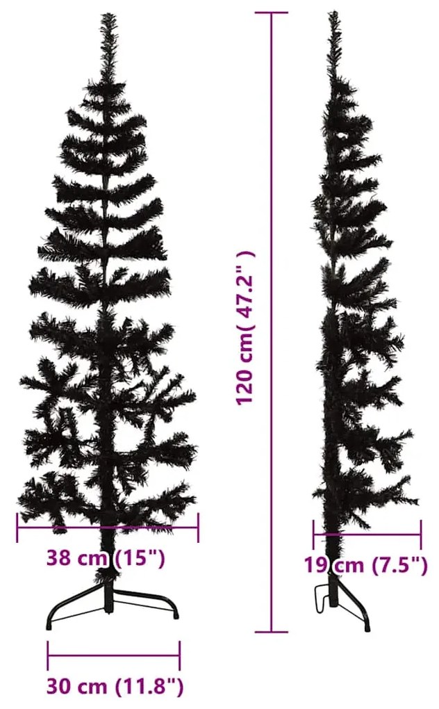 Meia árvore de Natal fina com suporte 120 cm preto