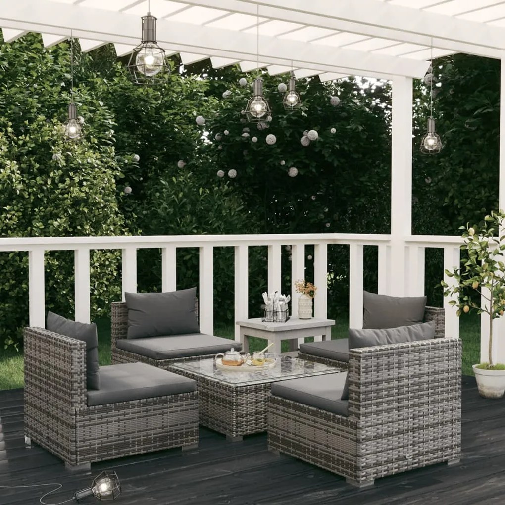 vidaXL 5 pcs conjunto lounge de jardim c/ almofadões vime PE cinzento