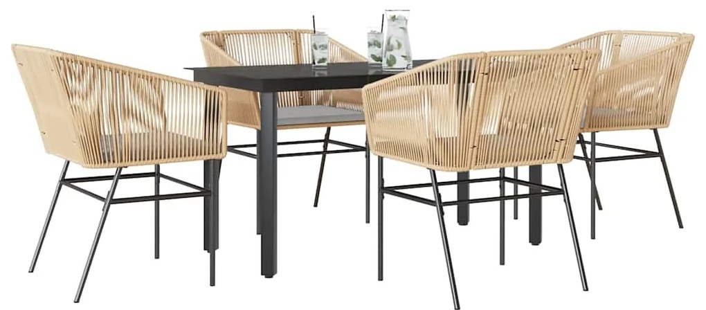 Conjunto jantar jardim 5 peças almofadas vidro vime PE castanho