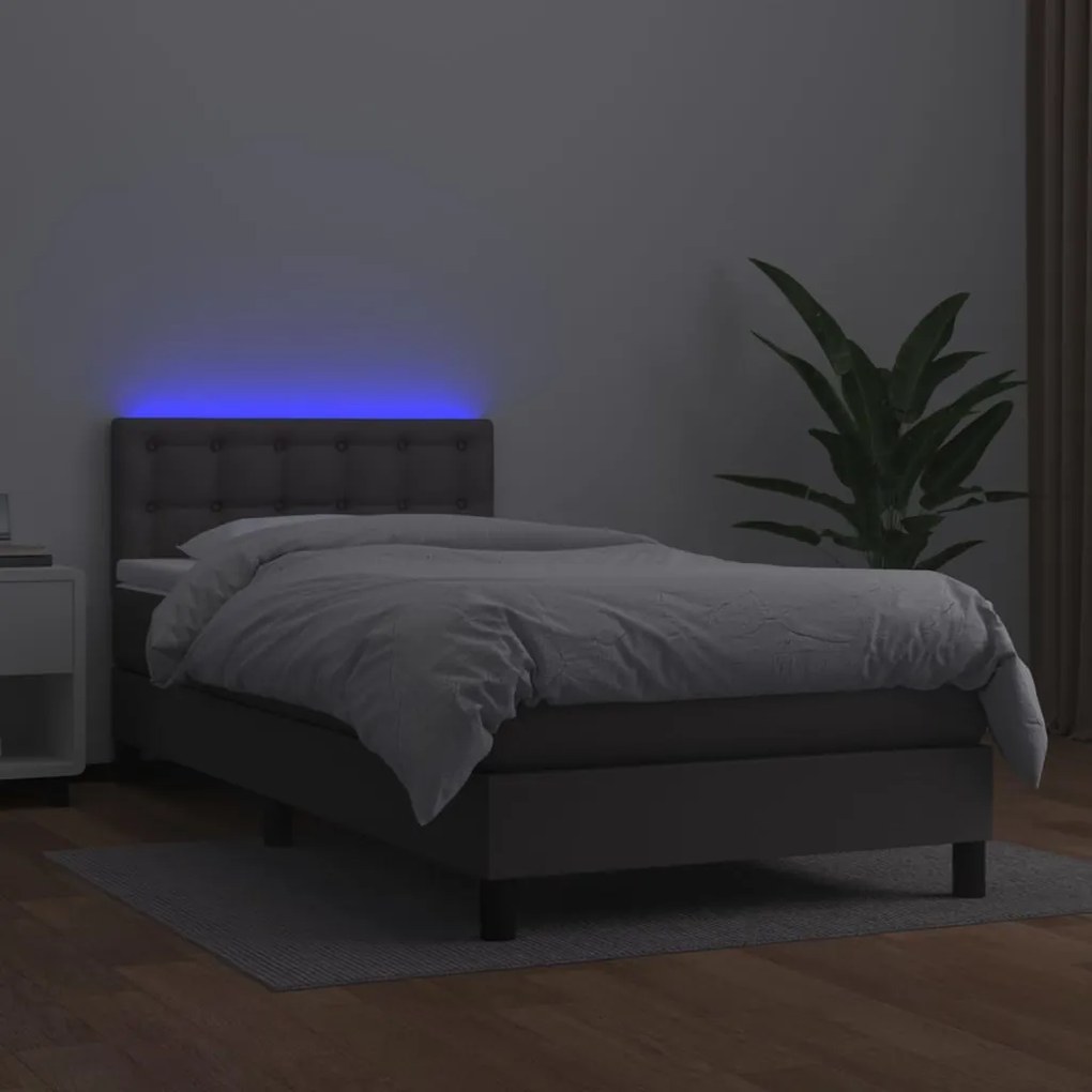 Cama box spring c/ colchão/LED 100x200cm couro artificial cinza