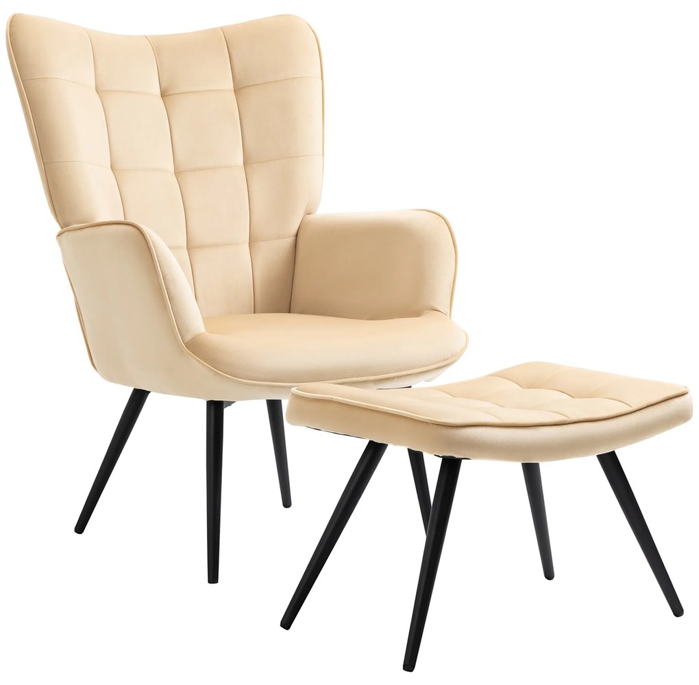 HOMCOM Poltrona Individual com Otomana Estofada em Veludo Poltrona de Sala de Estar com Encosto Alto Apoio para os Braços para Dormitório Escritório Carga Máxima 150kg 72x80x99cm Bege