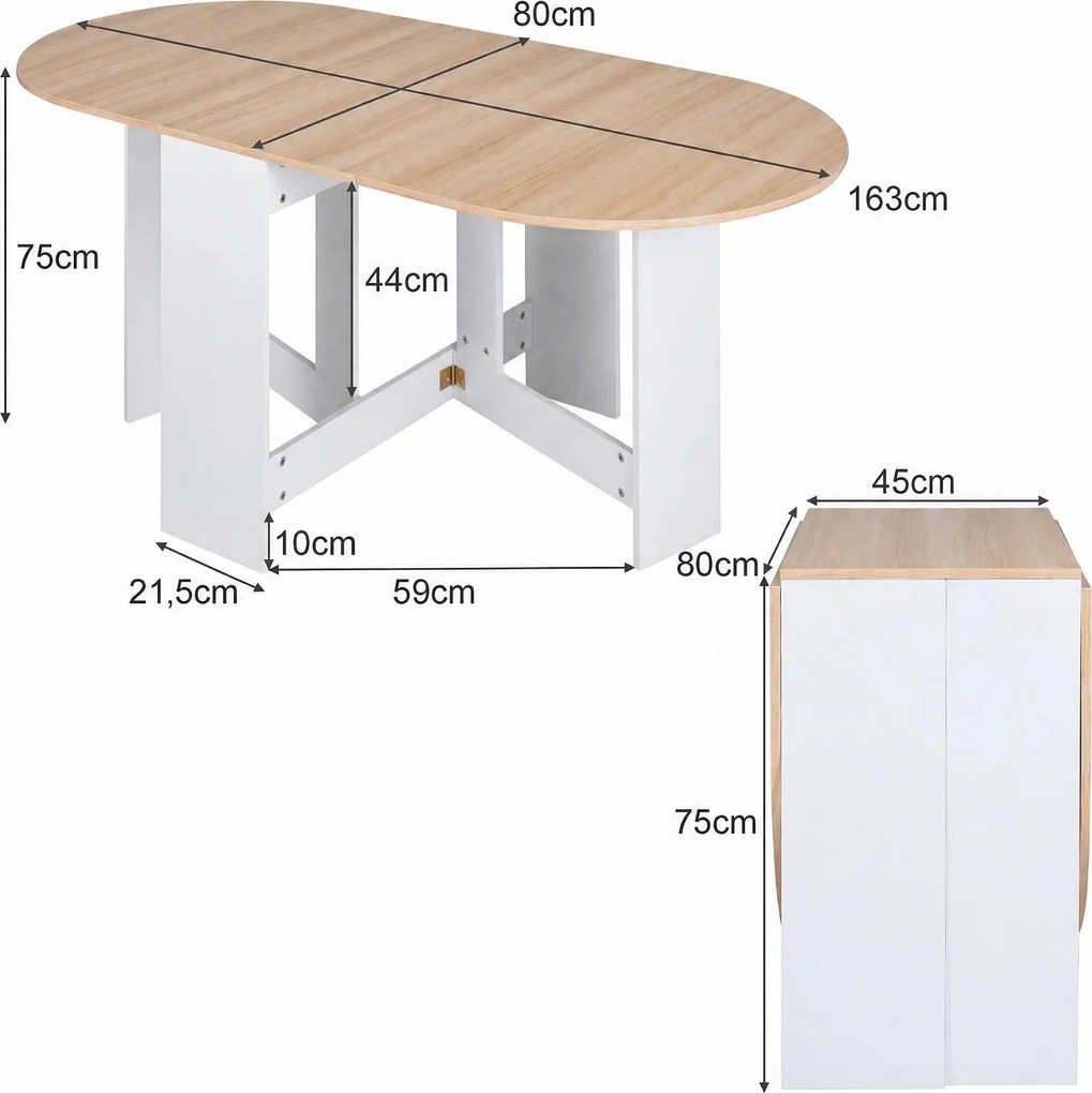 Mesa de Jantar Dobrável, 163 x 80 x 75 cm (CADEIRAS NÃO INCLUIDAS), Superfície Curva, Natural+Branco