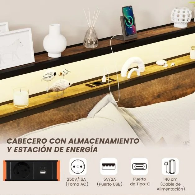 Estrutura de cama de casal 200 x 160 Cabeceira com luz LED RGB 4 gavetas de arrumação Ligação USB Castanho rústico + preto