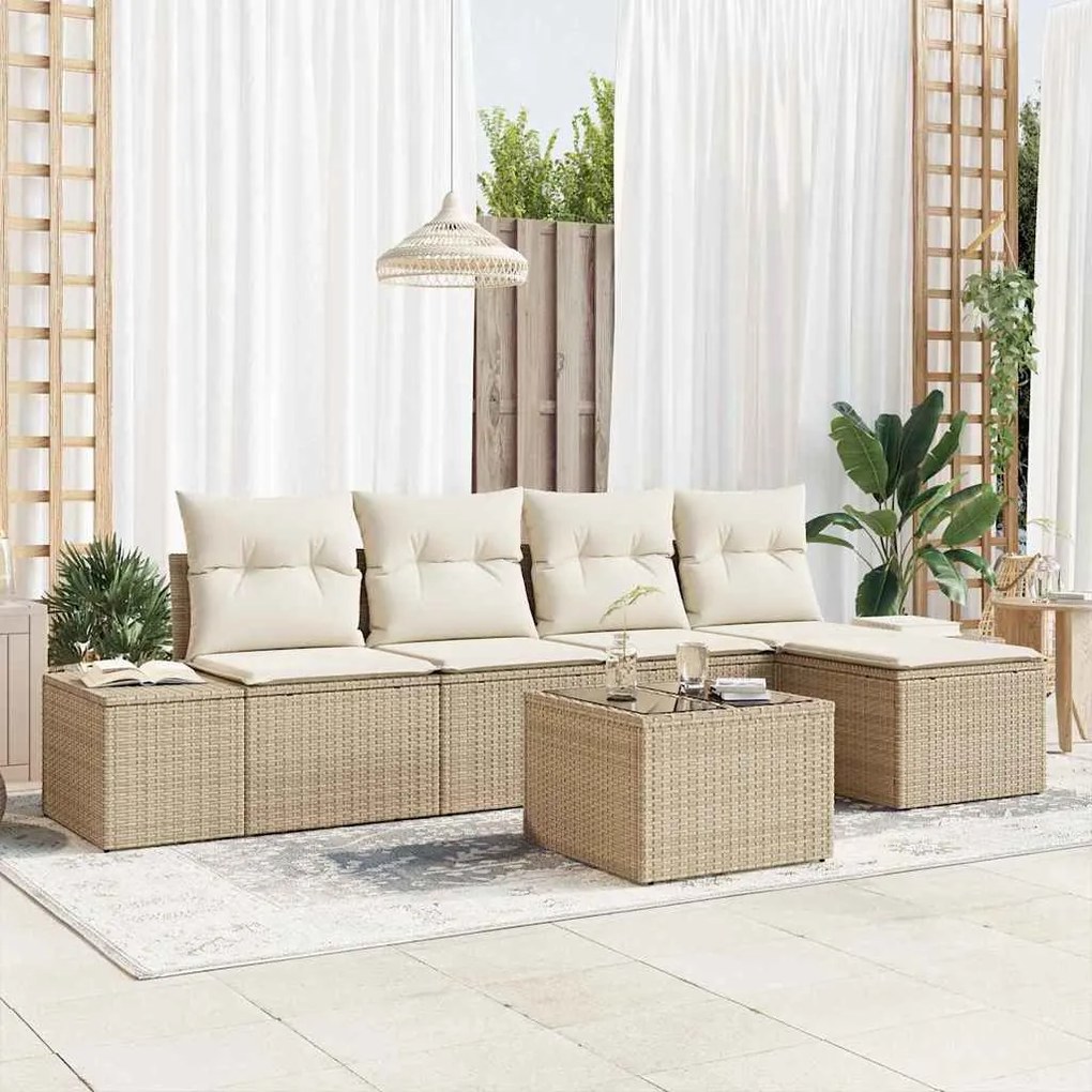 Conjunto de sofá de jardim com 6 peças e almofadas Marrom Polyrattan
