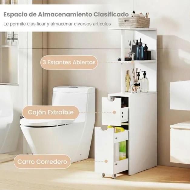 Armário de arrumação estreito de casa de banho 45 × 20 × 114 cm compacto, com prateleiras abertas, gaveta extraível e carrinho branco