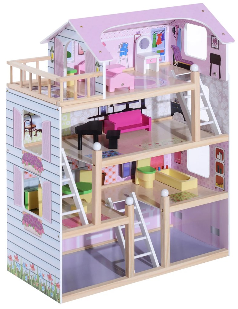 HOMCOM Casa de Bonecas com Móveis e 4 Andares Casa de Bonecas com 13 Acessórios Brinquedo de Imitação 60,5x30x80,5cm Rosa