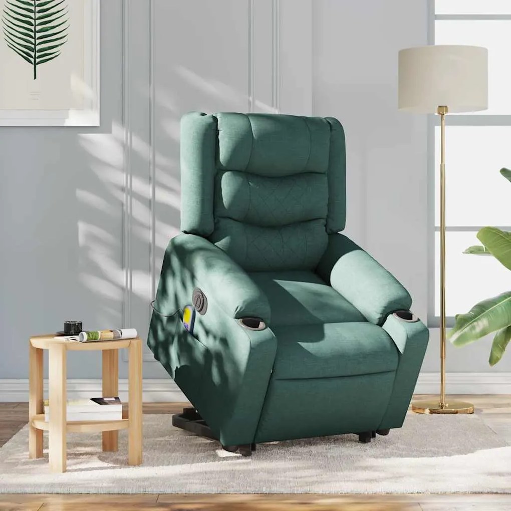 Poltrona elétrica elevatória massagens tecido verde-escuro