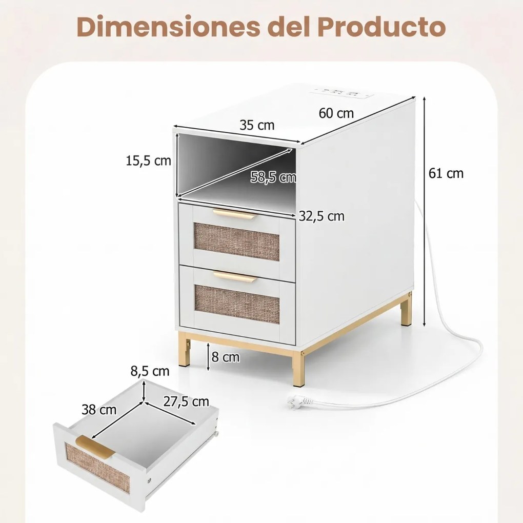 Mesa de cabeceira, Mesa apoio 60 x 35 x 61 cm em rattan com estação de carregamento e 2 gavetas estilo boho branco e dourado