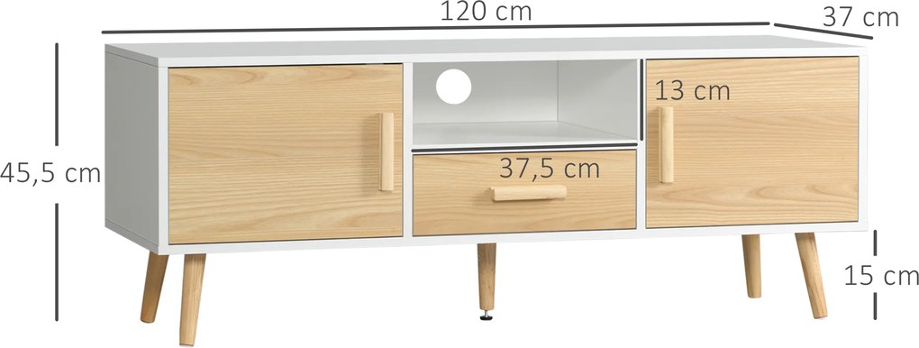 Móvel de TV até 46 polegadas com 1 gaveta, 2 armários, 1 nicho e 1 passador de cabos - 120 x 37 x 45,5 cm branco