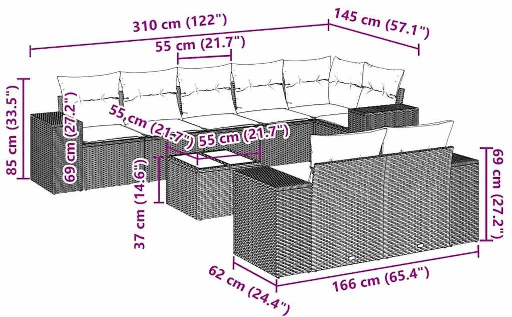 9 pcs conj. sofás jardim com almofadões vime PE cinzento-claro