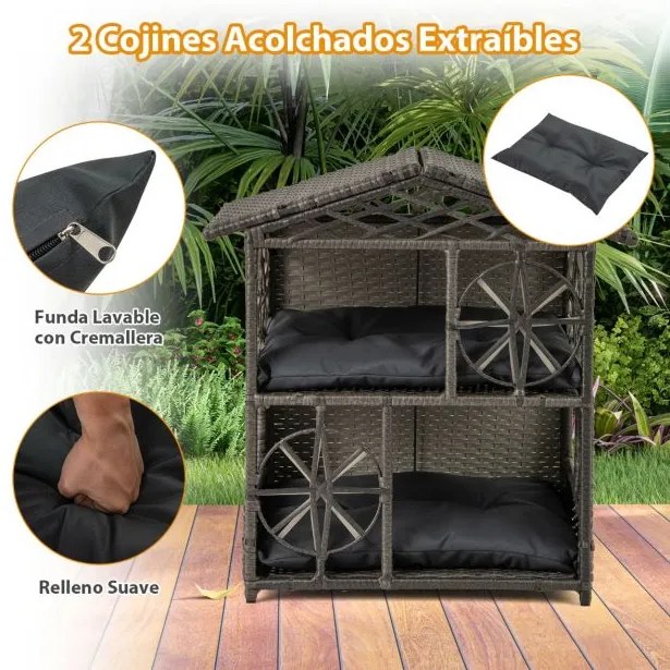 Casa para gatos em vime de 2 andares 69 x 40,5 x 70 cm com almofadas removíveis, teto, janelas e portas com sombra cinza.