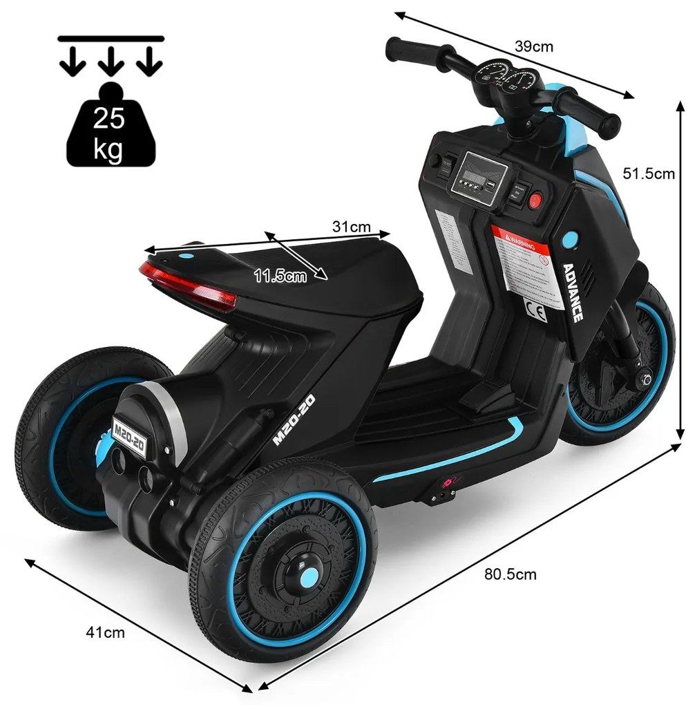 Mota Eléctrica Infantil 6 V Motocicleta Infantil 6 V com 3 Rodas Bateria de Carro para Crianças +3 Anos Preto