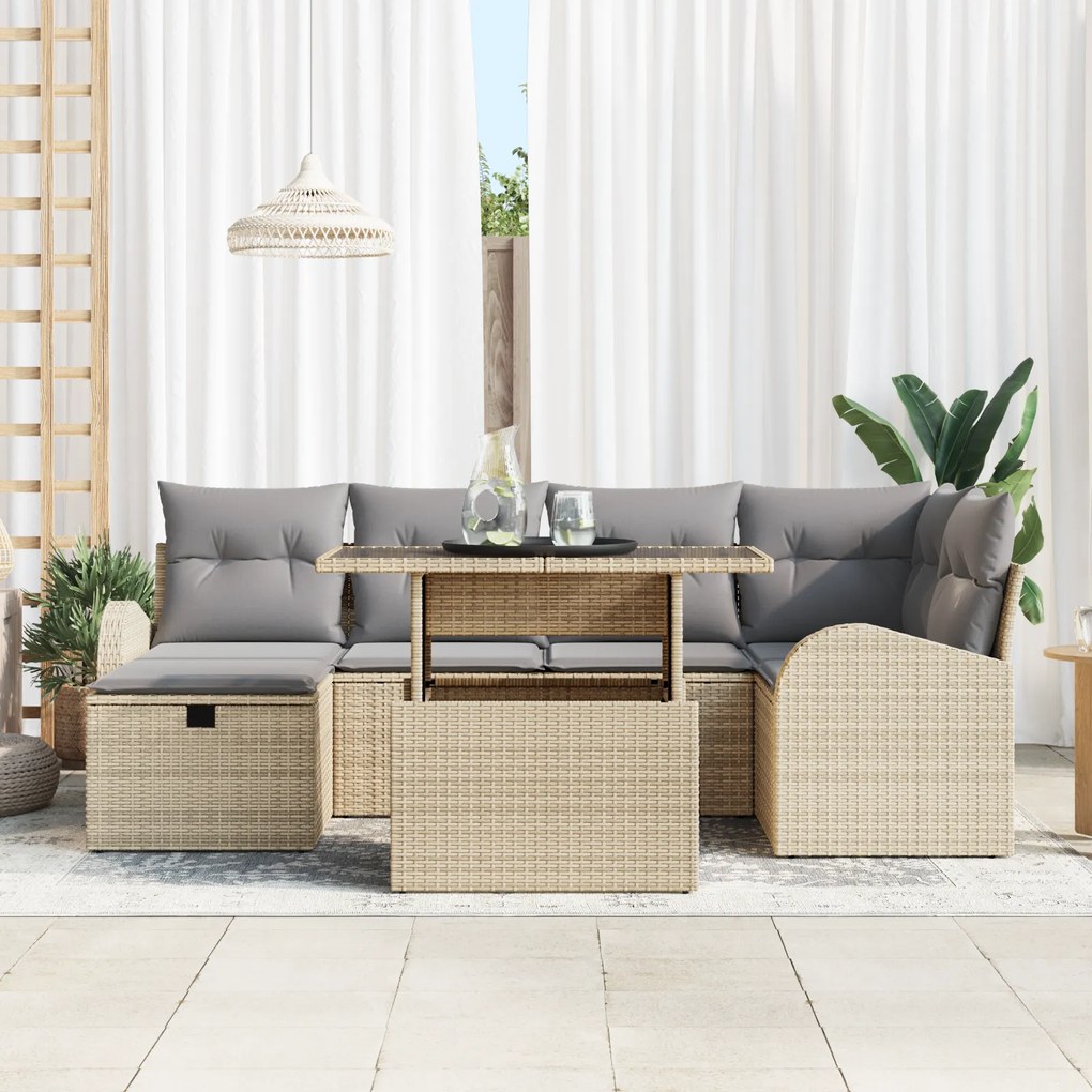 Conjunto de Sofá de Jardim vidaXL de 7 Peças com Almofadas Bege Rattan