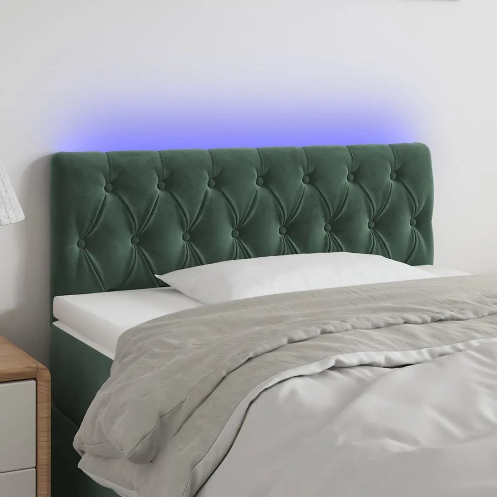 Cabeceira de cama c/luzes LED veludo 100x7x78/88cm verde-escuro