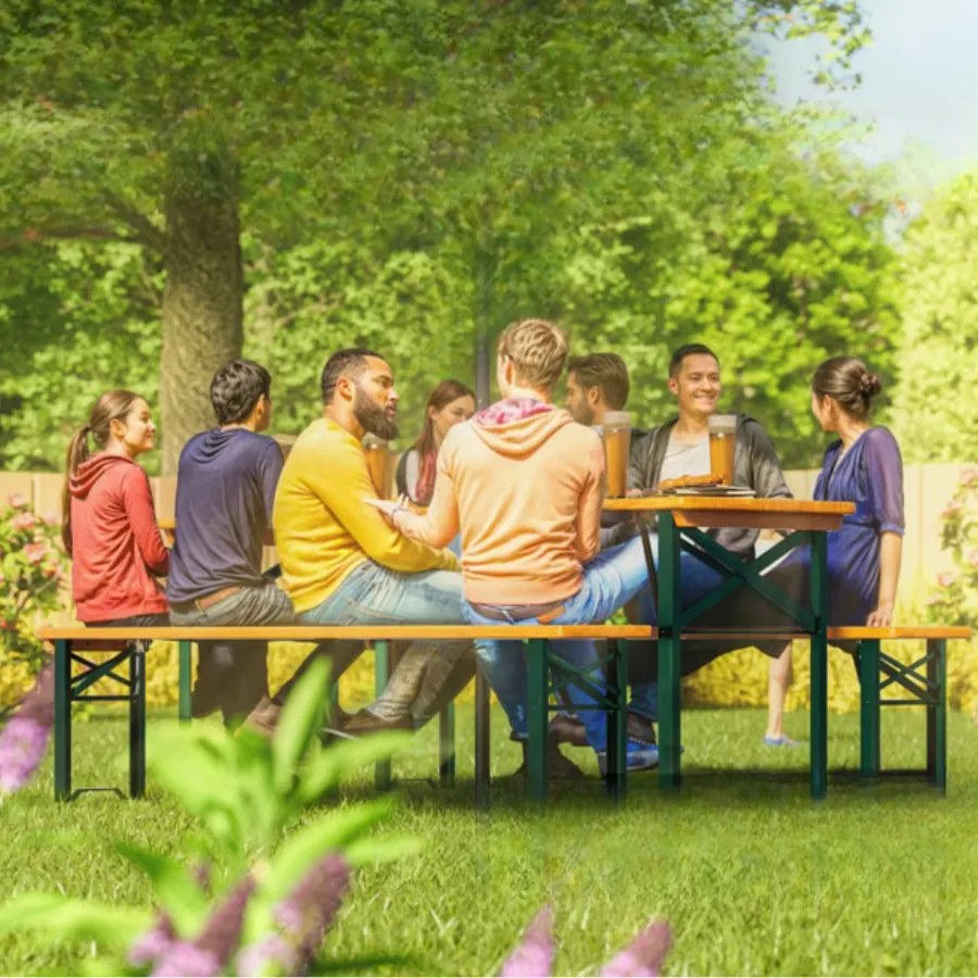 Conjunto de mesa e bancos jardim, barraas bebidas, 3 peças, 170 cm, dobrável Castanho