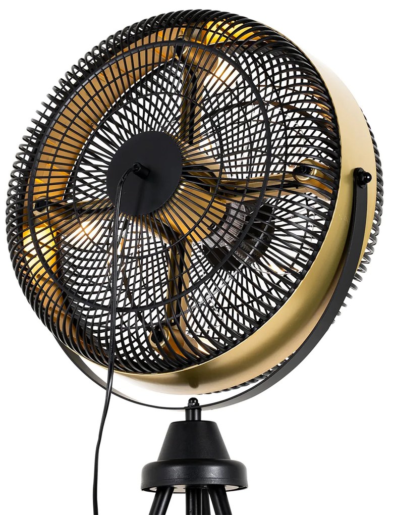 Ventilador de pé tripé preto com dourado 4 luzes - Kim Moderno