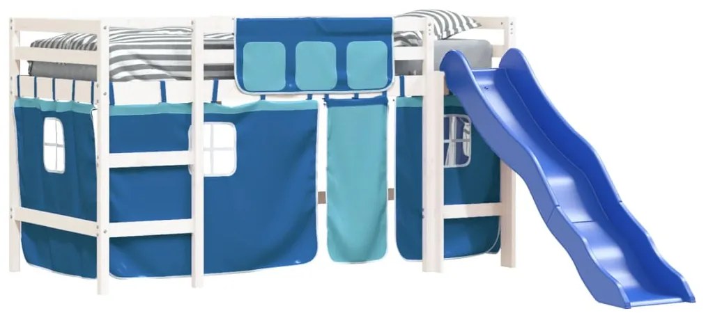 Cama alta p/ criança c/ cortinas 90x190 cm pinho maciço azul