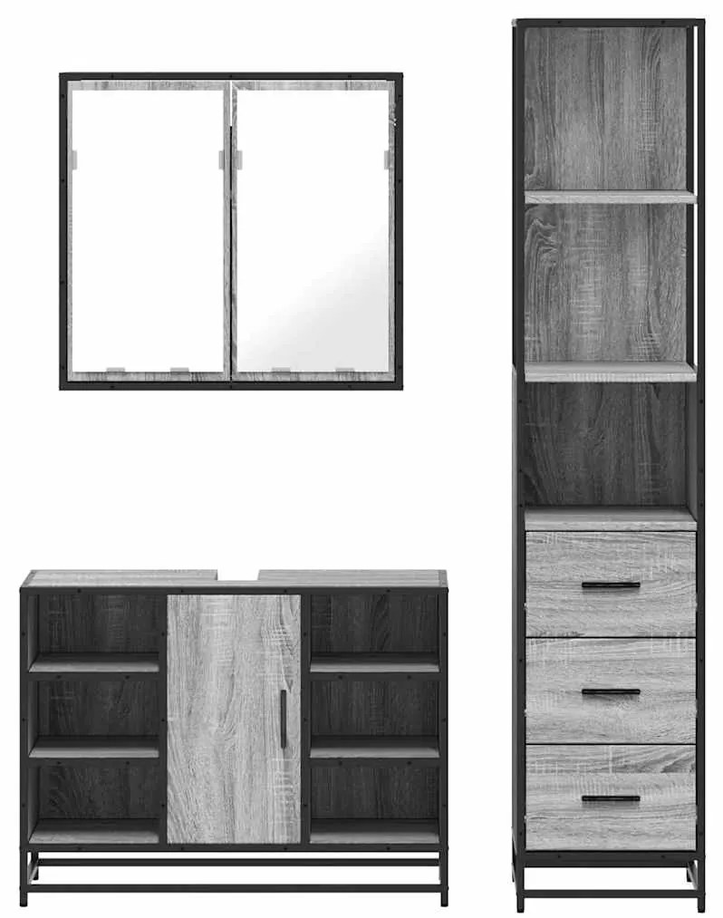 3 pcs Conjunto móveis casa de banho madeira proc. cinza sonoma