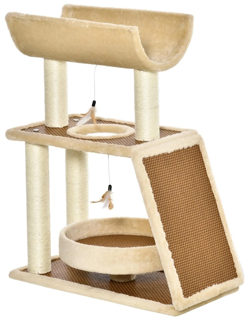 PawHut Arranhador Gatos 60x30x76cm Leito Linho Postes Sisal Natural Plataforma Túnel Rampa | Aosom Portugal