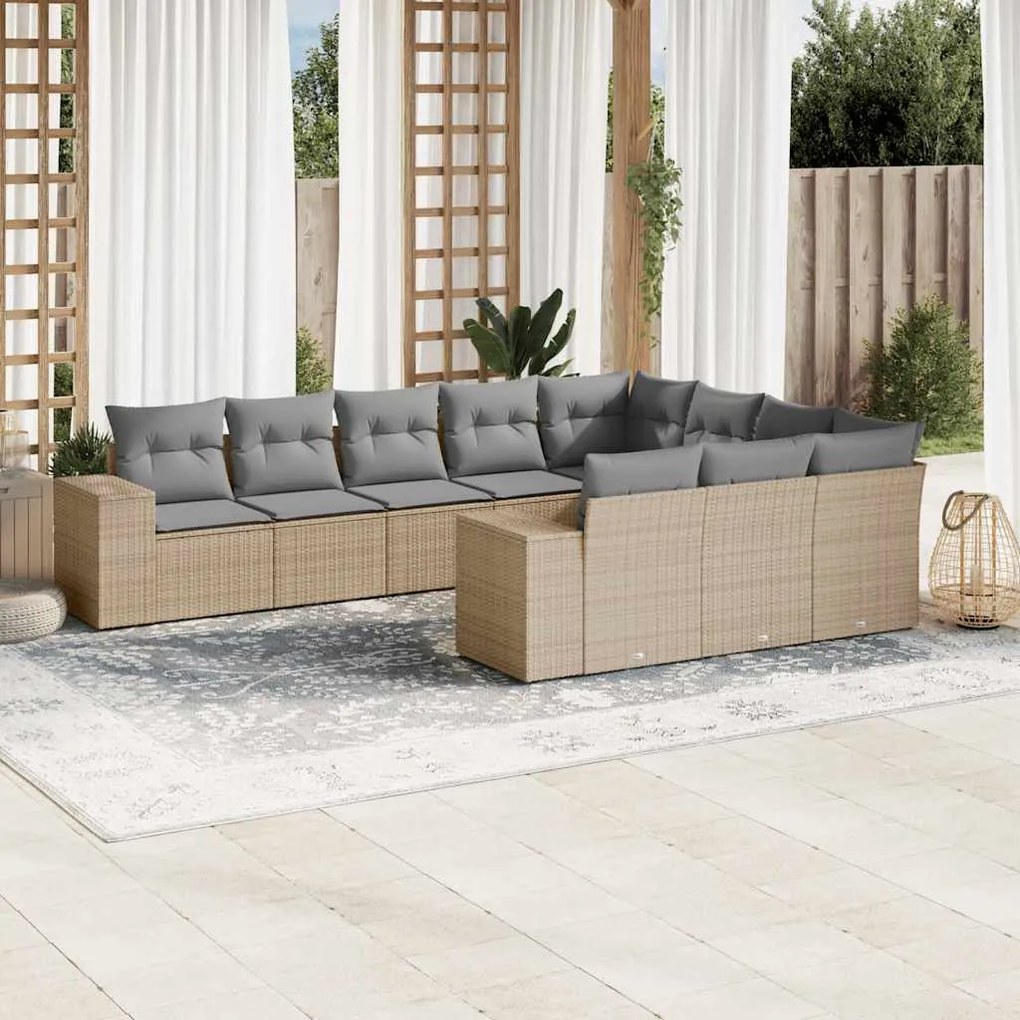 10 pcs conjunto de sofás p/ jardim com almofadões vime PE bege
