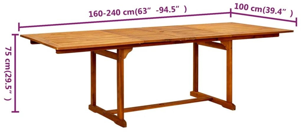 Mesa de jantar p/ jardim (160-240)x100x75 cm acácia maciça