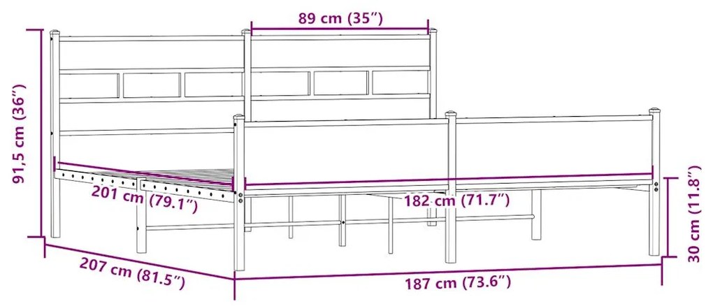 Estrutura de cama sem colchão 180x200cm metal carvalho sonoma