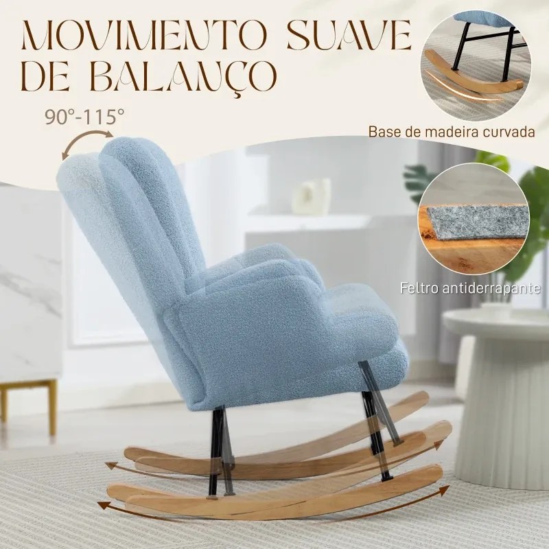 Cadeira Baloiço em Borrego Poltrona para Amamentação com Encosto Capitonê e Base de Madeira 65x88x87 cm Azul Claro