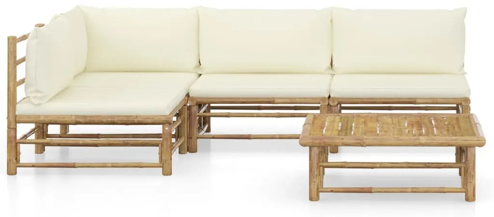 5 pcs conj. lounge p/ jardim em bambu c/ almofadões branco nata
