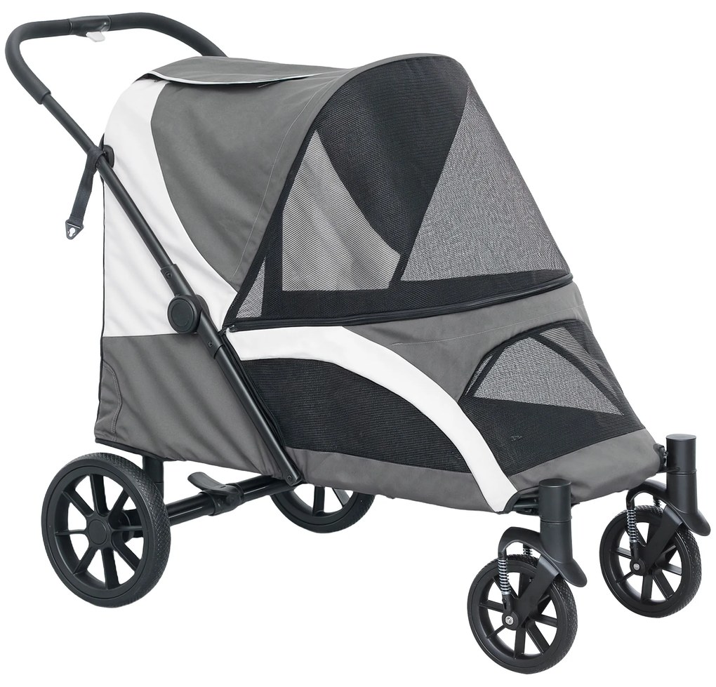 Carrinho Dobrável para Cães com Janelas de Malha Almofadado Lavável Correias de Segurança 124x67x100 cm Cinzento Escuro