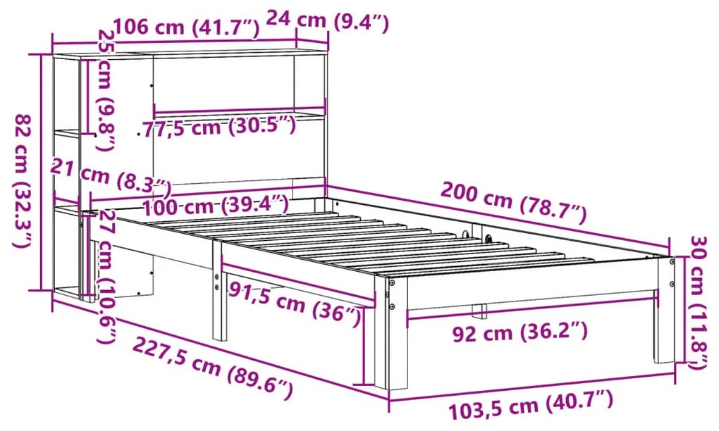 Cama com estante sem colchão 100x200 cm pinho maciço branco