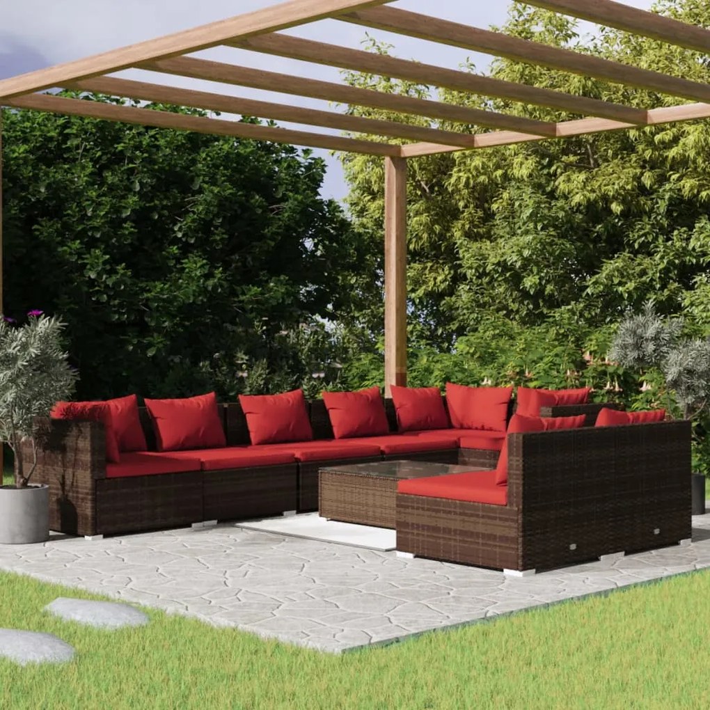vidaXL 9 pcs conjunto lounge jardim c/ almofadões vime PE castanho