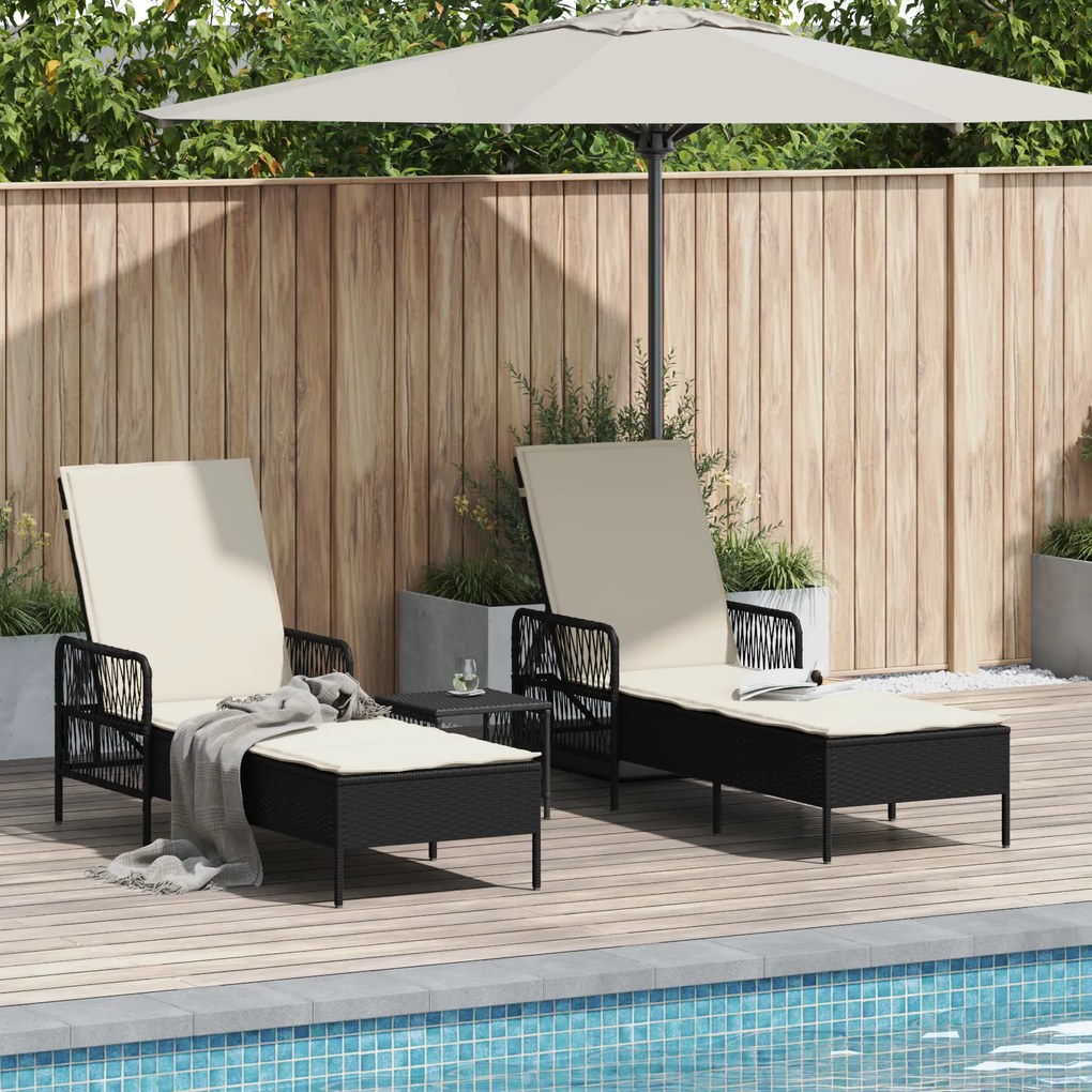 vidaXL Conjunto de Espreguiçadeiras Conjunto de 3 Preto e creme