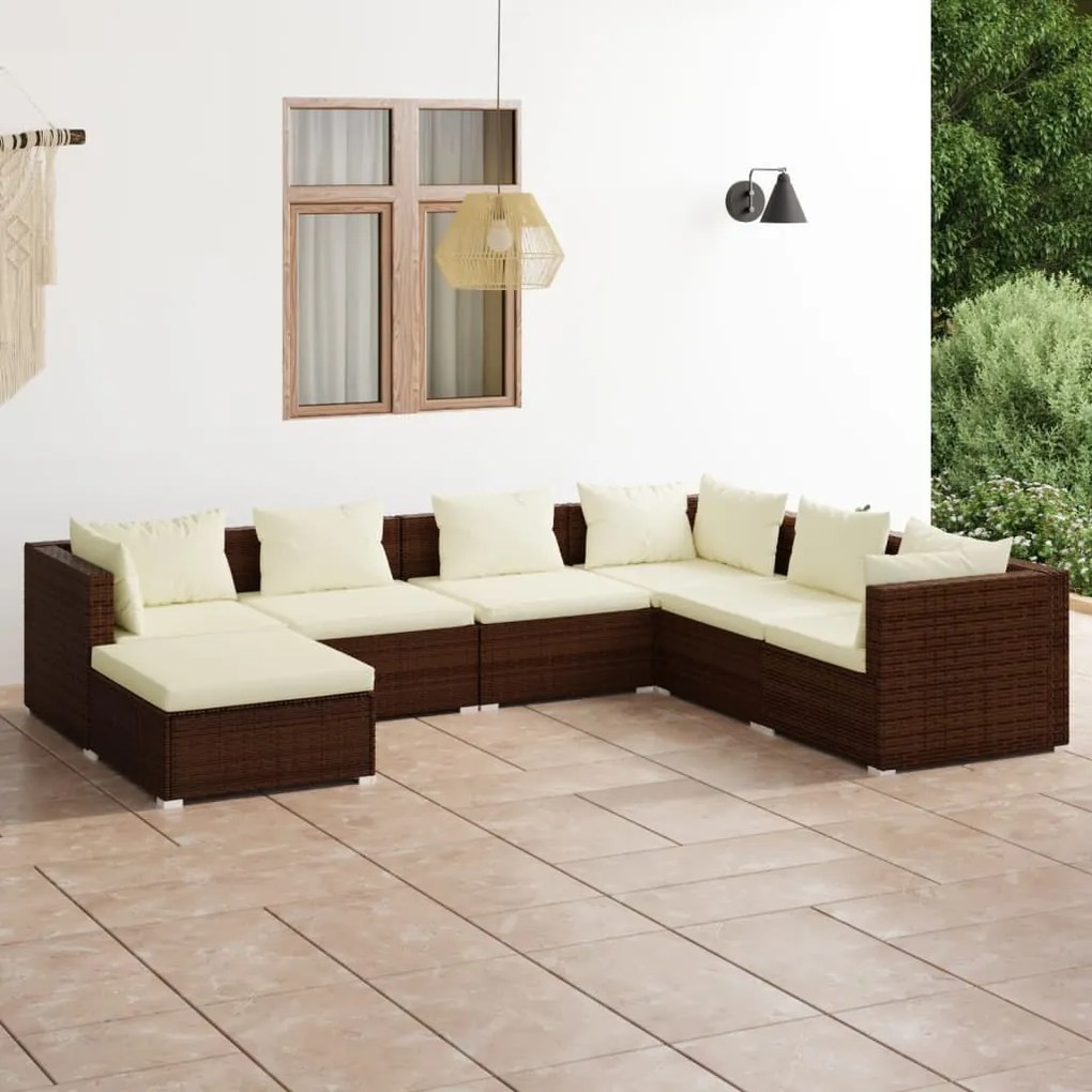 vidaXL 7 pcs conjunto lounge jardim c/ almofadões vime PE castanho