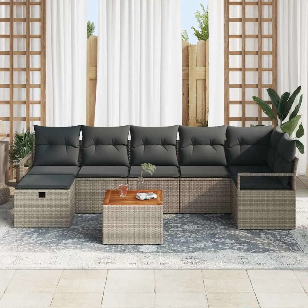 Conjunto de Sofá de Jardim 8 Peças com Almofadas Cinza Rattan Sintétic