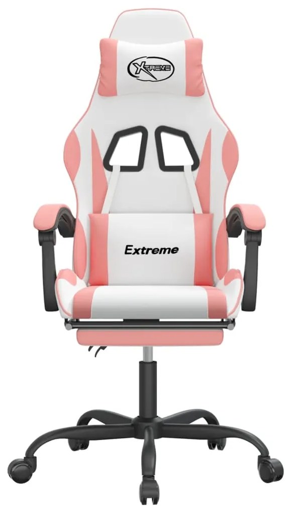 Cadeira gaming giratória c/ apoio pés couro artif. branco/rosa