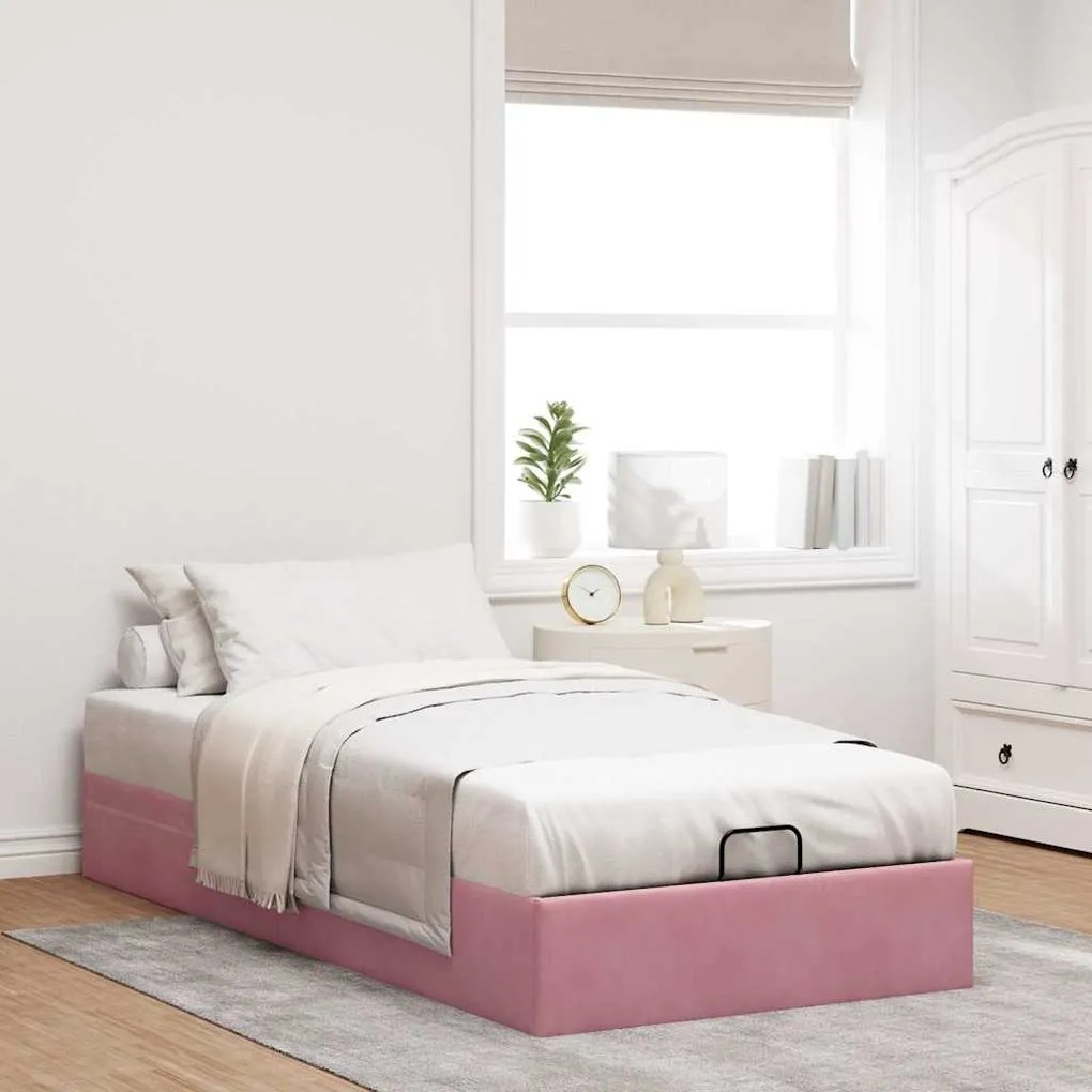 Ottoman Bed Frame No Colchão Rosa 90x200 cm Veludo
