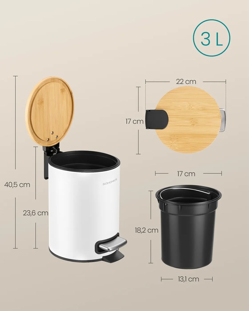 Caixote Lixo para casa de banho com tampa e pedal silencioso, 3 litros, branco