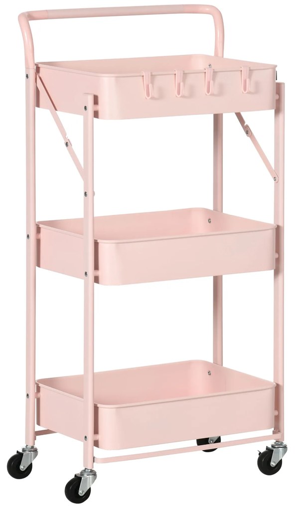 Carrinho Auxiliar com Rodas Dobrável Carrinho de Armazenamento de 3 Níveis com 4 Ganchos para Casa de Banho Cozinha Sala de Estar 43x31x89cm Rosa