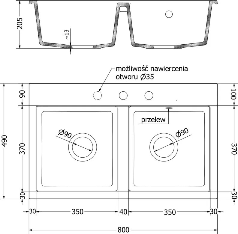 Mexen Hektor lava-loiça em granito de 2 cubas 800 x 480 mm, branco, sifão cromado - 6521802000-20