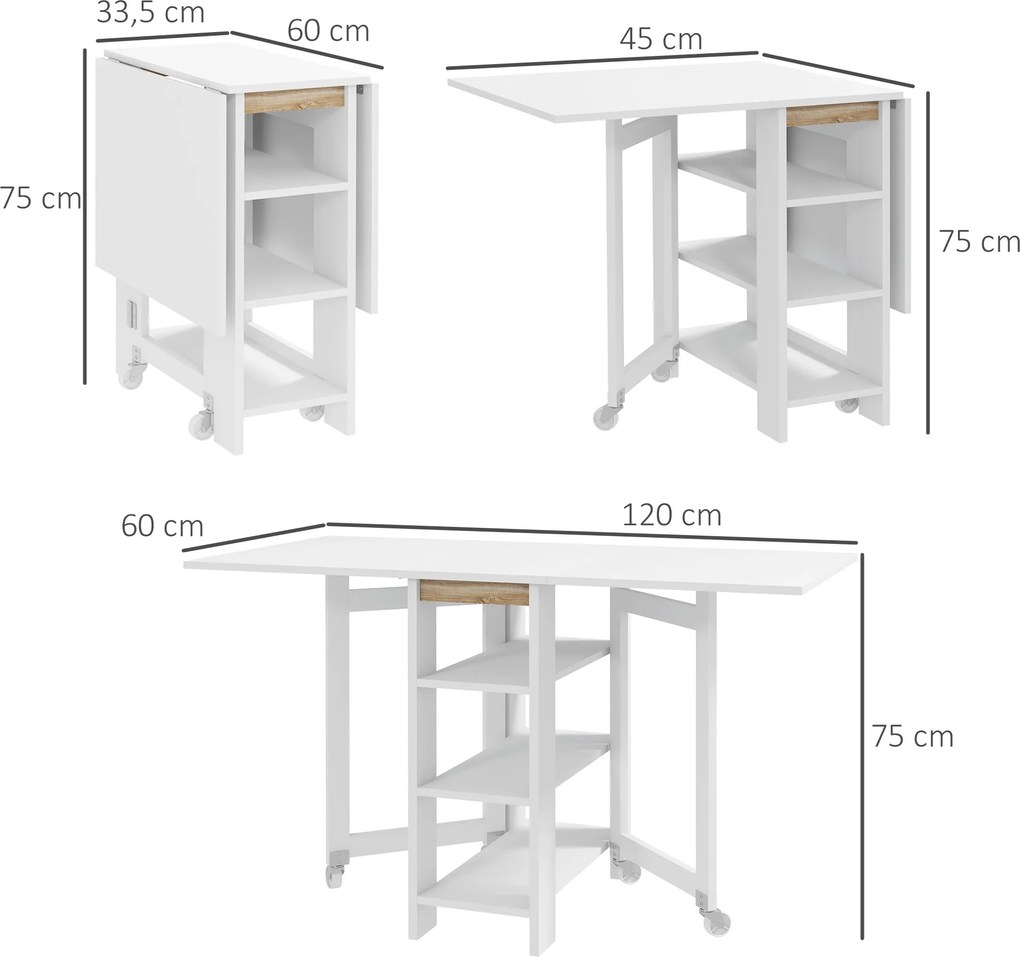 Mesa Dobrável com Asas Dobráveis Mesa de Cozinha com 2 Rodas e Prateleiras Estilo Moderno 120x60x75 cm Branco