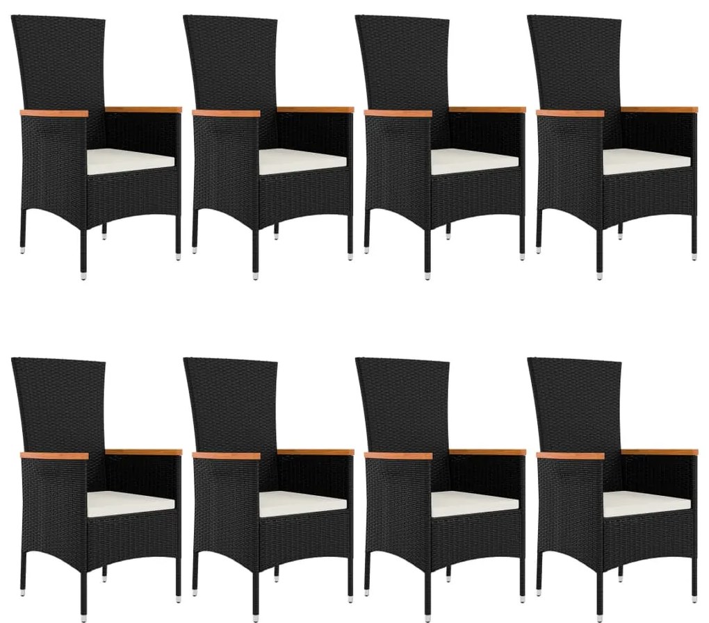 9 pcs conjunto de jantar p/ jardim c/ almofadões vime PE preto