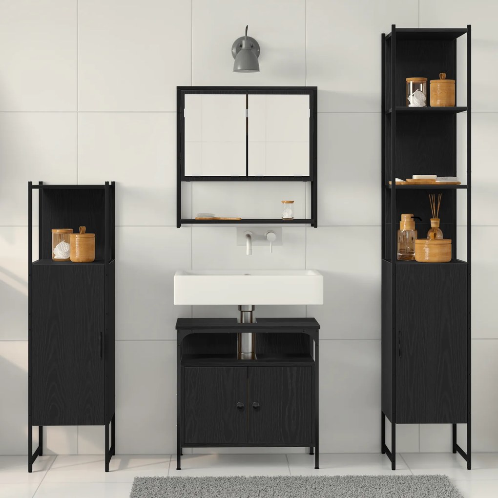 Conjunto de Móveis para Banheiro com 4 Peças - Carvalho Preto