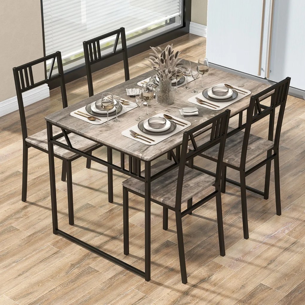 Conjunto de mesa de jantar retangular 110 cm x 70 cm x 76 cm e 4 cadeiras com estrutura metálica estilo industrial cinzento