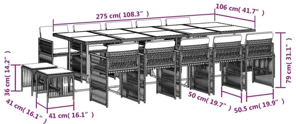 15 pcs conjunto de jantar p/ jardim com almofadões vime PE bege